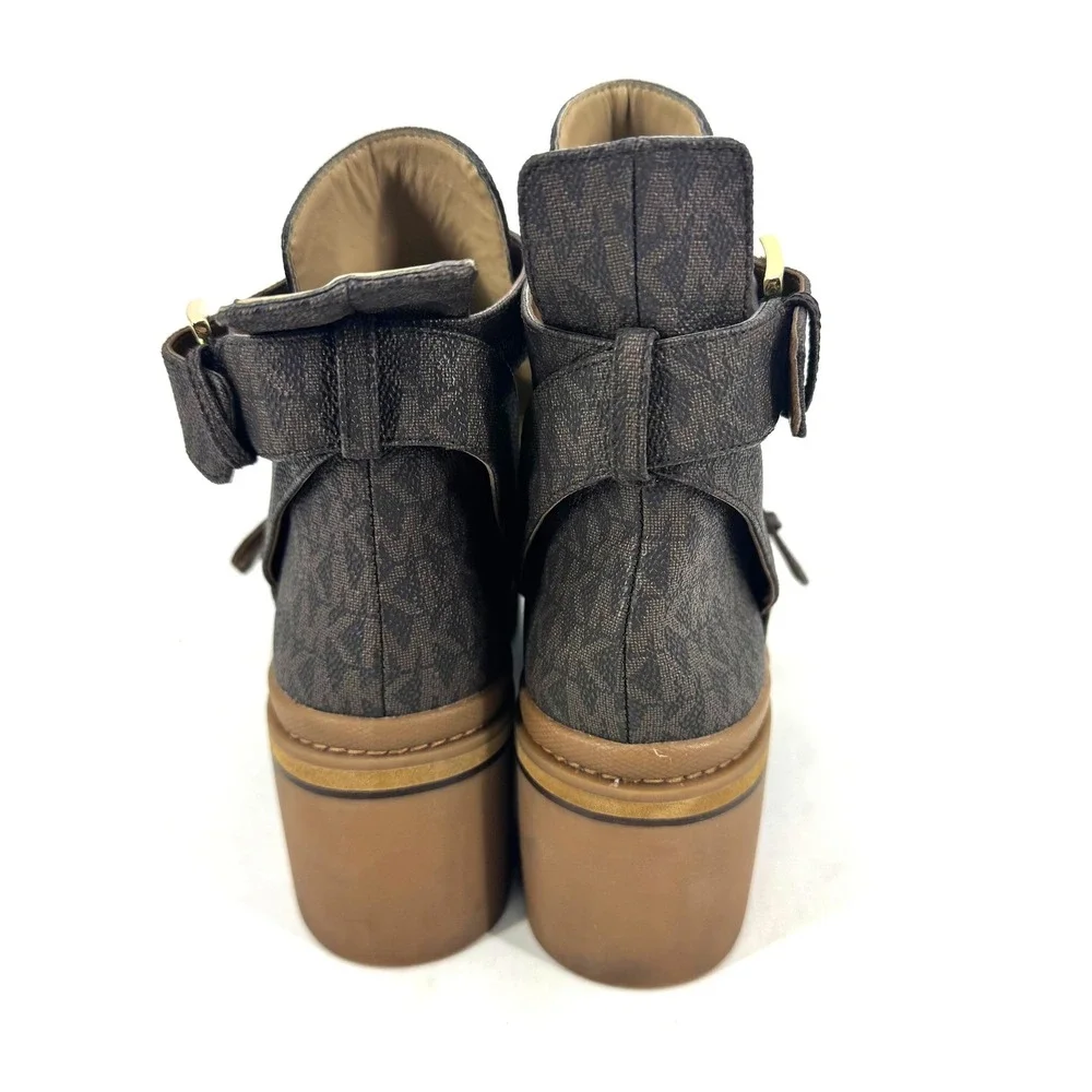 Michael Kors Brown Logo Cutout Buckle Platform Ankle Boots - Picture 4 of 7